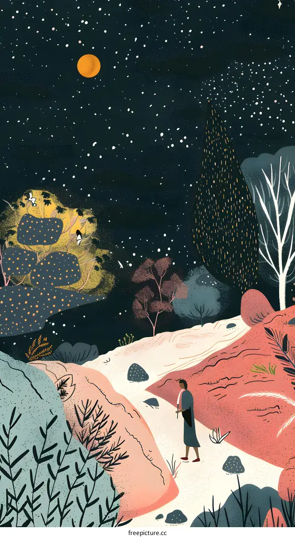 Night Sky With Stars And Moon With Woman Walking On Path