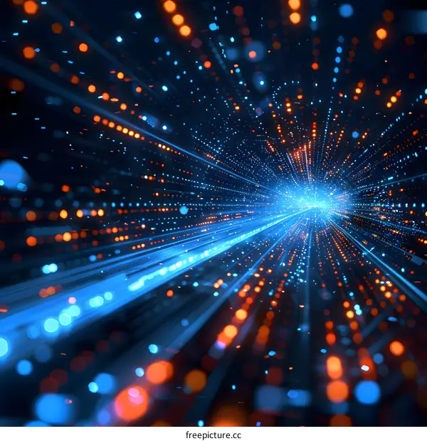 Blue and orange glowing particle light streaks in space