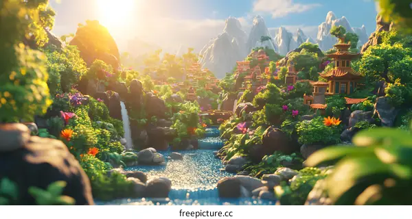 Scenic Mountain Village with Waterfall and Stream