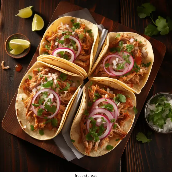 Four delicious tacos al pastor with diced red onion and cilantro