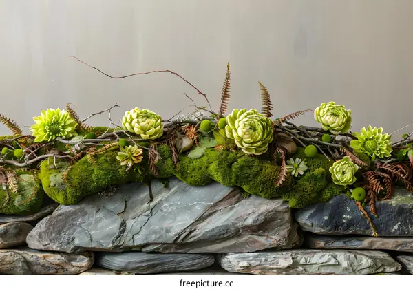 Green Flowers on a Stone Wall