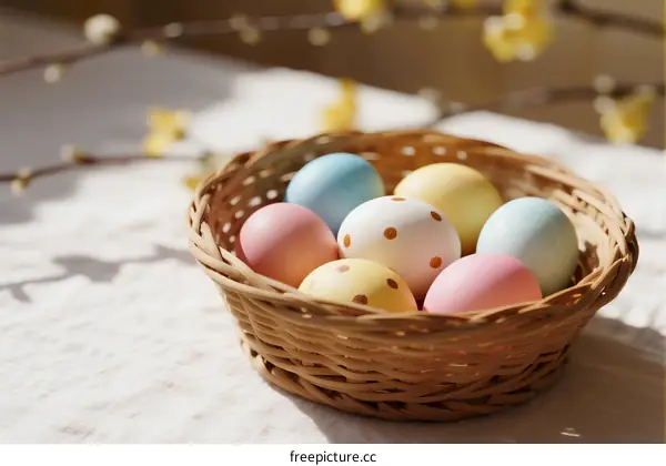 Colorful Decorated Easter Eggs in a Wicker Basket