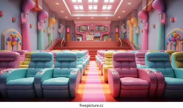 Candy-colored retro cinema auditorium