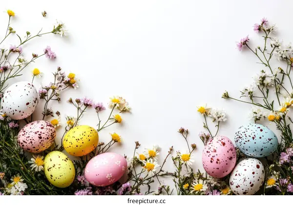 Easter Eggs and Flowers Arrangement on White Background