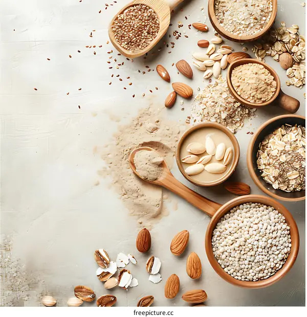 Organic Grains and Nuts on a White Background