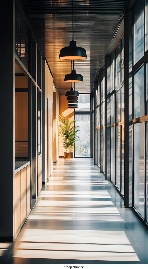 Modern Office Corridor With Sunlight Streaming Through Windows