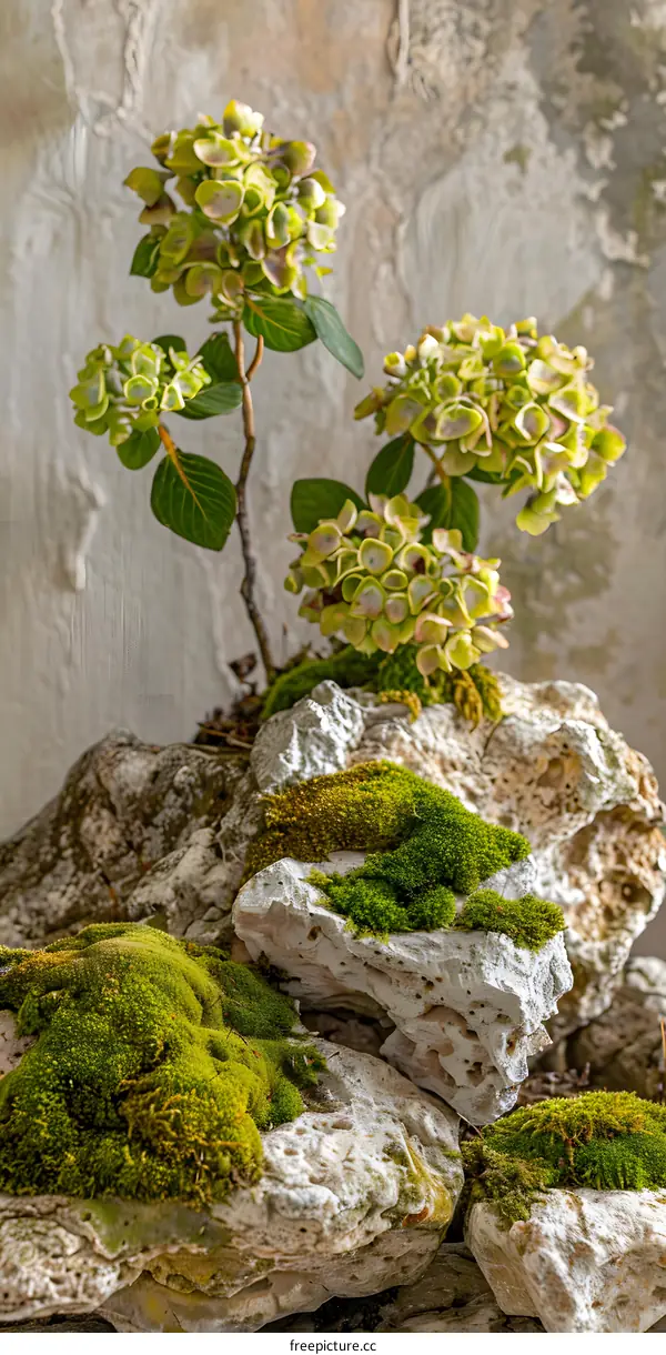 Green Flowers on Rocks with Moss