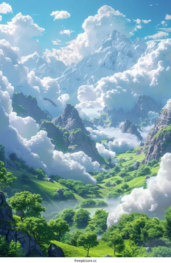 Fantasy Mountain Valley Landscape Illustration