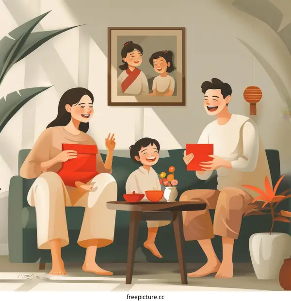 Family of three opening red envelopes on sofa during Chinese New Year