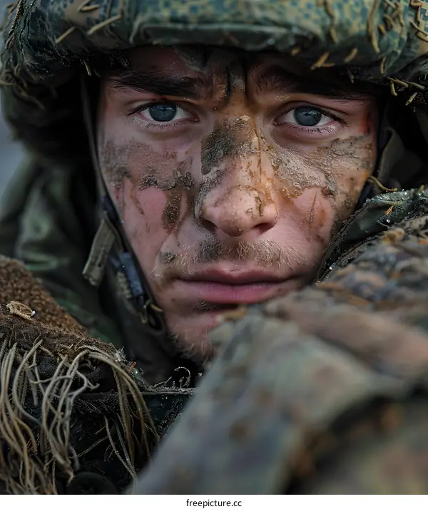Portrait of a soldier with camouflage on his face