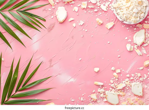 Tropical Summer Pink Background with Coconut Pieces and Palm Leaf