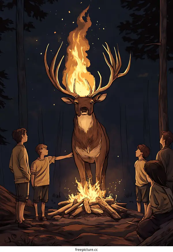Burning Stag In The Forest With Children