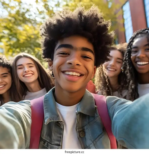 Happy Group Of Diverse Teenagers Taking Selfie Outdoors