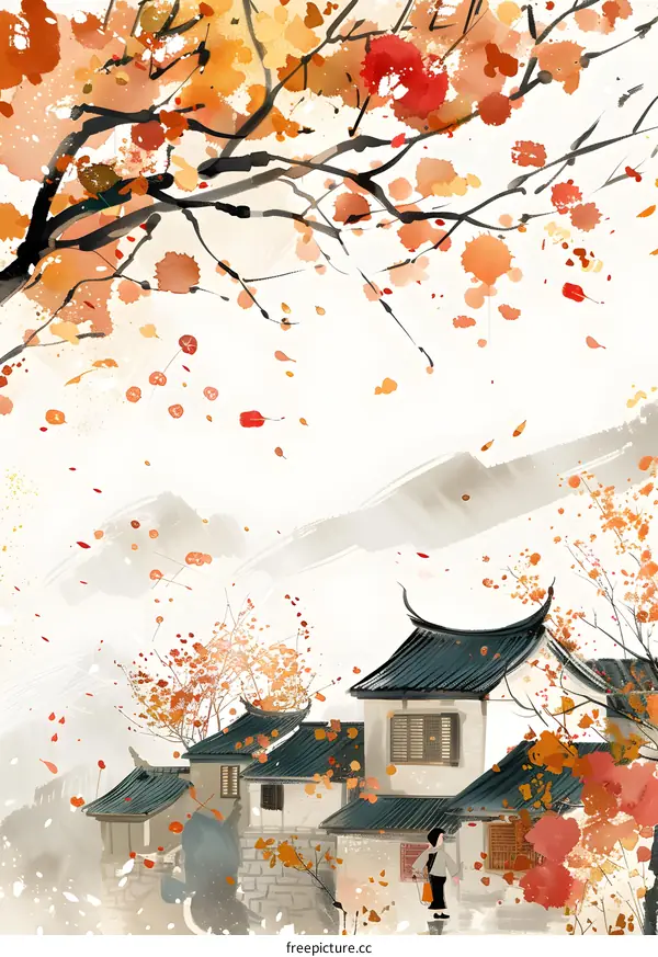 Watercolor Illustration of a Chinese Village in Autumn