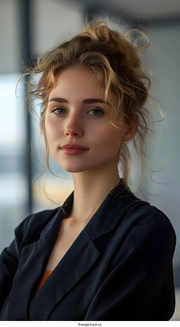 portrait of a young woman with blonde hair and blue eyes