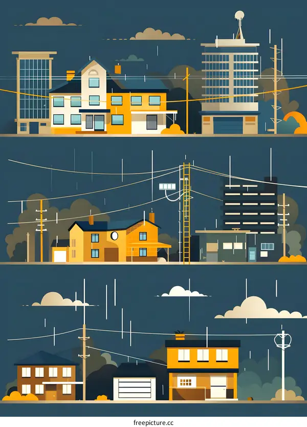 Rainy Day Cityscape Illustration with Houses and Power Lines