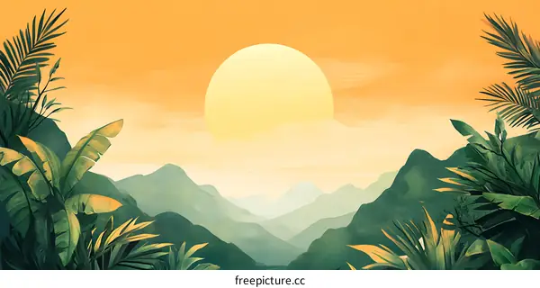 Tropical Sunset Landscape Illustration with Green Mountains and Palm Leaves