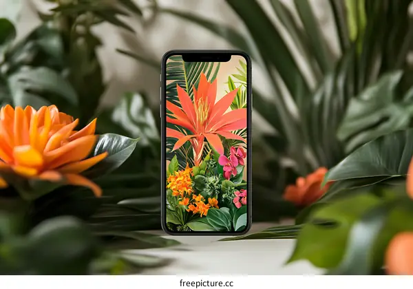 Phone with Tropical Flowers Wallpaper on White Table
