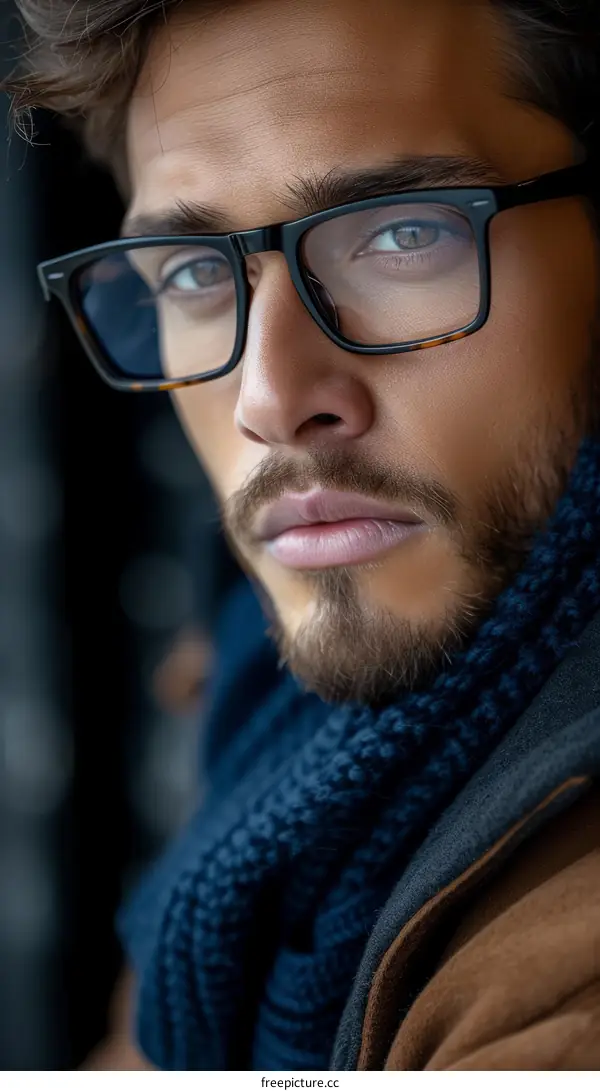 Portrait of a handsome young man with beard wearing glasses and scarf