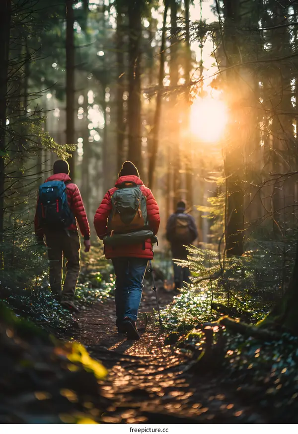 Three Hikers Walking on a Forest Trail at Sunset
