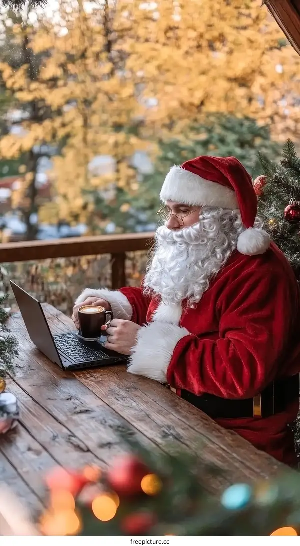 Santa Claus Working on Laptop Outdoor Christmas Setting