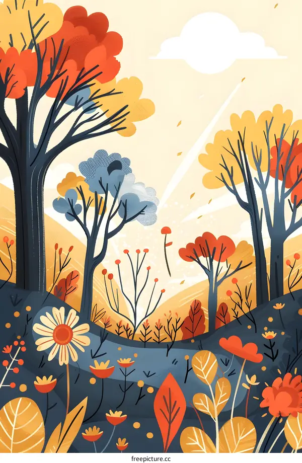 Autumn Forest Illustration with Colorful Trees and Flowers