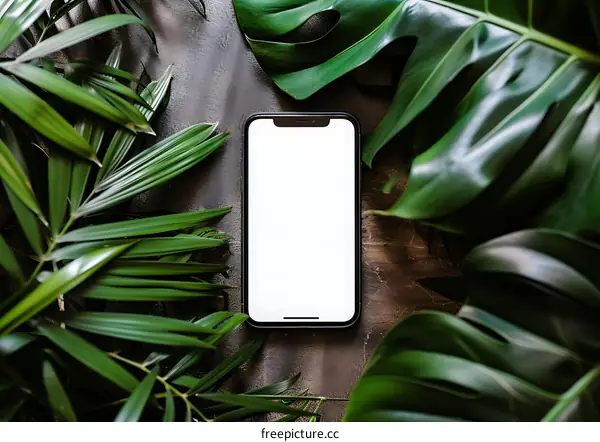 Flat Lay of Phone with Green Plants