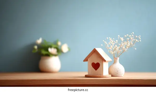 Wooden House Ornament with Flowers on a Table