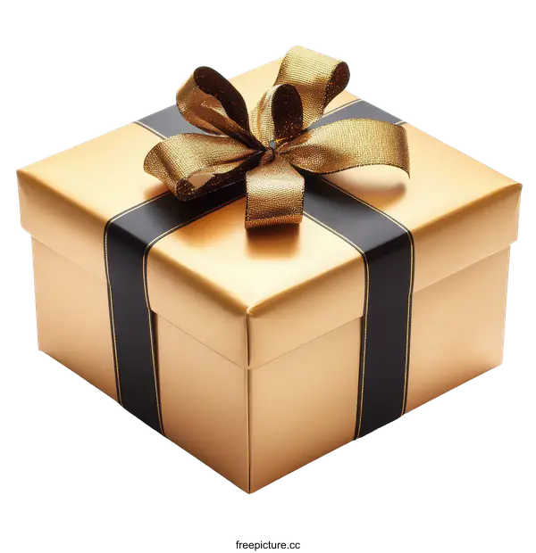 [Transparent Background PNG]Gold Gift Box with Golden Ribbon