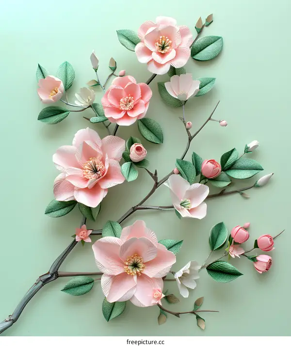 Pink and White Paper Flowers on Green Background