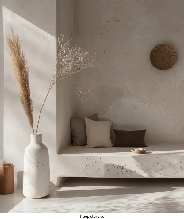 A minimalist living room with a large vase of pampas grass