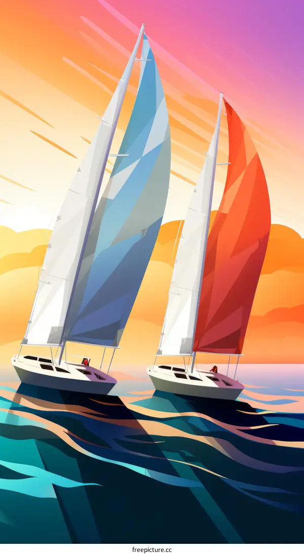 Two Sailboats Racing in the Open Sea with a Stunning Sunset in the Background