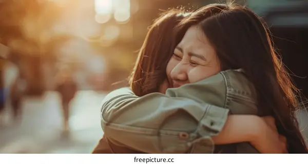 Two Asian women hugging outdoors