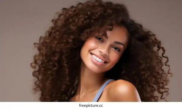 beautiful black woman with curly hair smiling