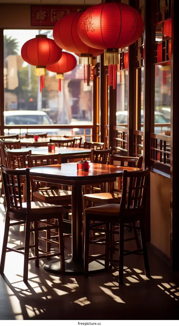 Empty Chinese restaurant with red lanterns
