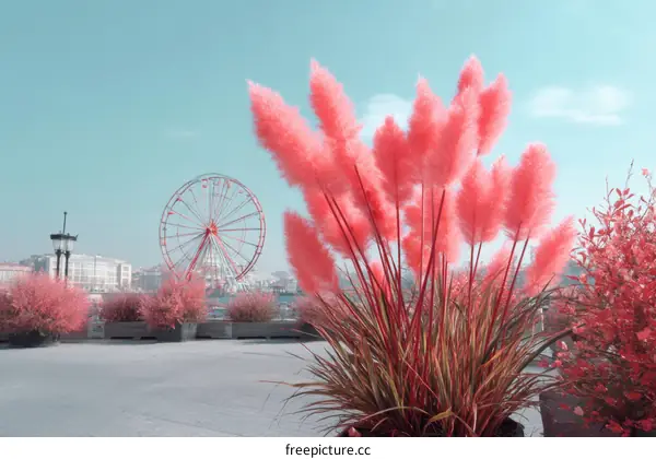 Vibrant Pink Pampas Grass by Ferris Wheel