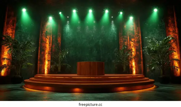 Illuminated Stage Setting with Tropical Plants
