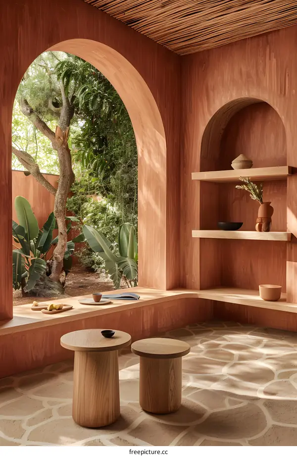 Wooden Tables In Modern Interior Design With Arched Window And Green Plants