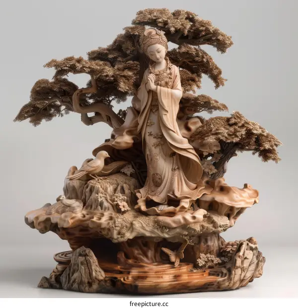 Carving of a woman and birds in a tree