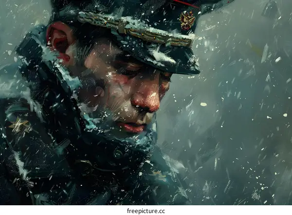Portrait of a Russian soldier in a snowy forest