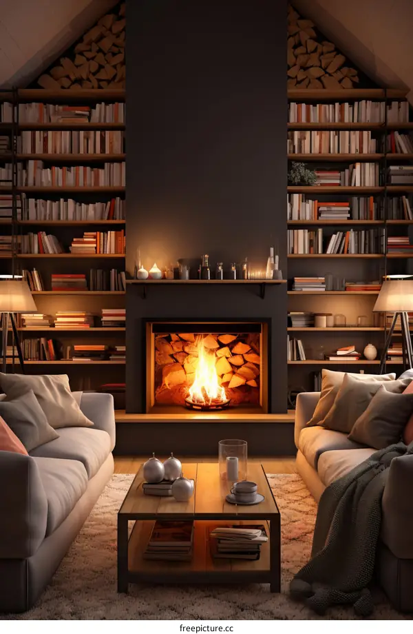 Cozy Living Room with Fireplace, Bookshelves, and Sofas