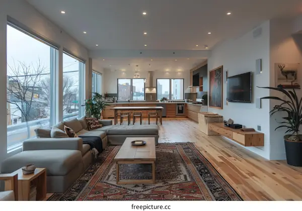Modern open concept living room with large windows and hardwood floors