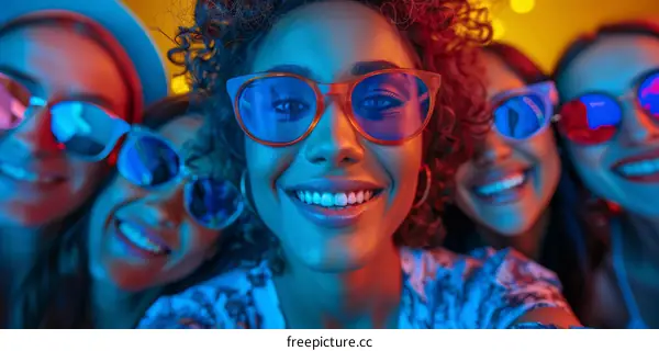 Multiracial female friends posing for a photo with sunglasses at a party