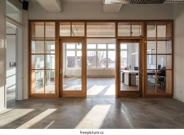 Modern Scandinavian Style Open Office with Wooden Doors and Windows
