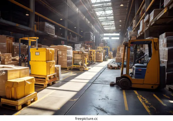 A large warehouse with forklifts and shelves full of boxes