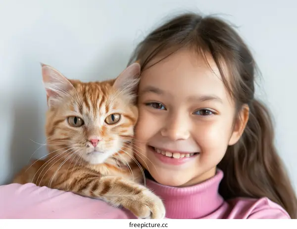 little girl hugging an orange cat
