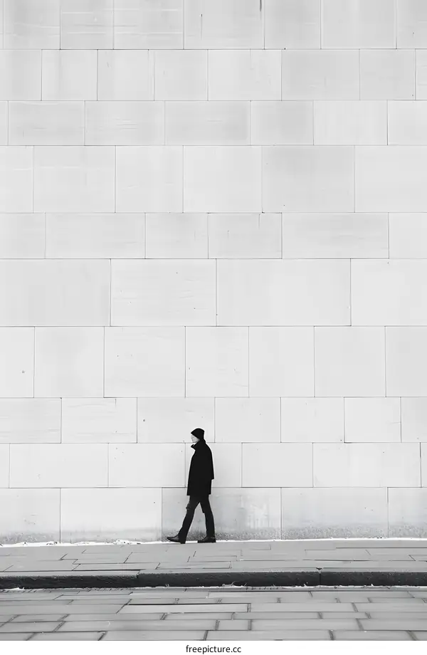 Person Walking by a White Brick Wall