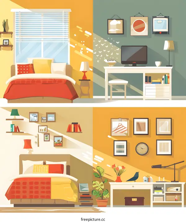 Modern Home Interior Design Illustration With Bedroom And Home Office