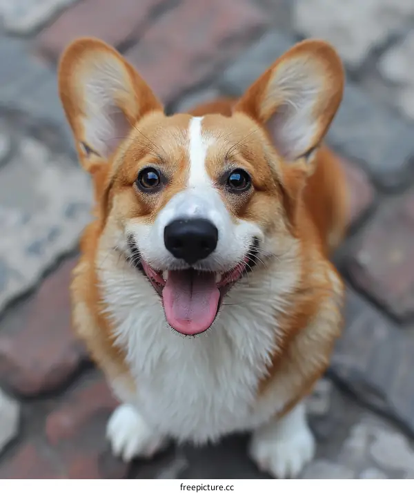 A happy corgi dog looking up at the camera with its mouth open and tongue out