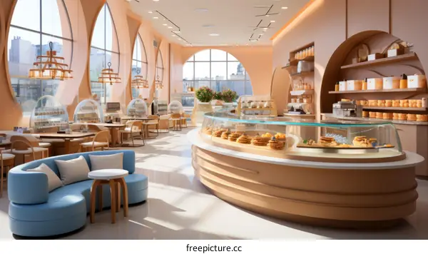 The interior of a modern cafe with a curved glass display case and comfortable seating